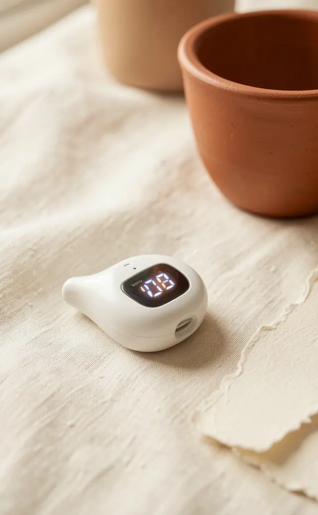 جهاز صغير لقياس الأكسجين من طرف الإصبع، جنب كاسة فخّار
